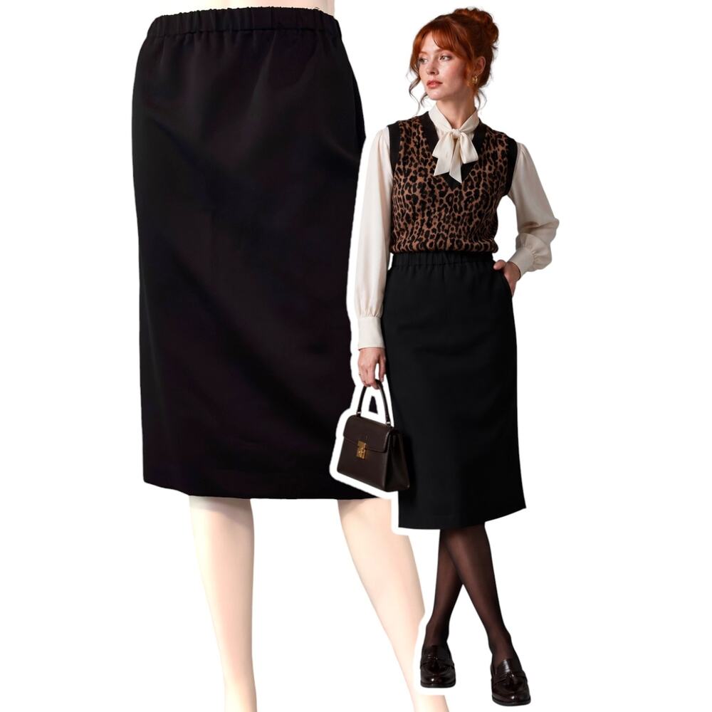 Black Midi Pencil Skirt Womens Size 14 Elastic Waist Minimalist Classic Vintage